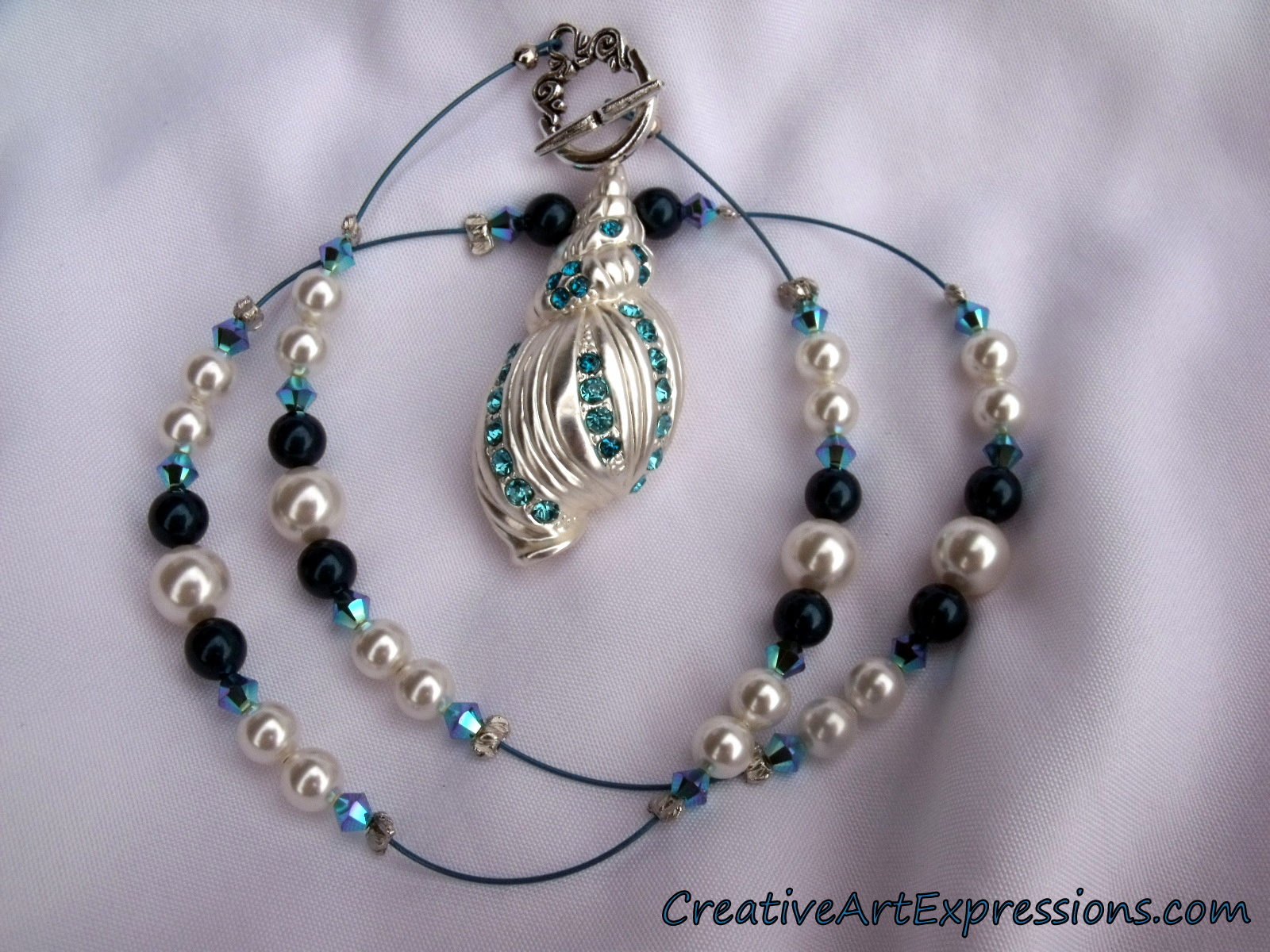 Creative Art Expressions Handmade Blue & Silver Shell Necklace Jewelry Design